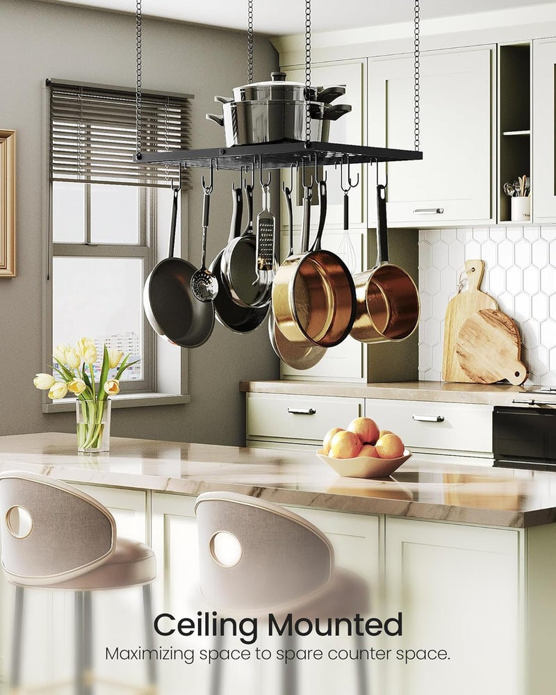 CHOEZON Hanging Pot Rack, Ceiling Mounted Pot Hanger for Kitchen, Metal Cookware Storage Organizer with 12 Hooks, for Storage of Cookware, Utensils in Kitchen, 23.7" L, Black TPR03BB - Image 3